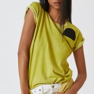FREECITY Golden Line Short-Sleeve Tee in Yellow Green Sz XS Rare Distressed